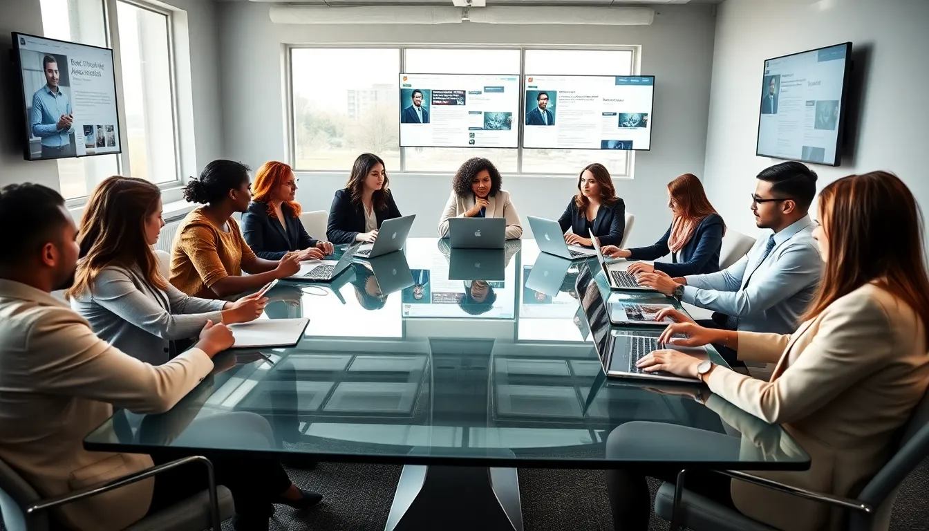 diverse professionals collaborating in a modern digital workspace.