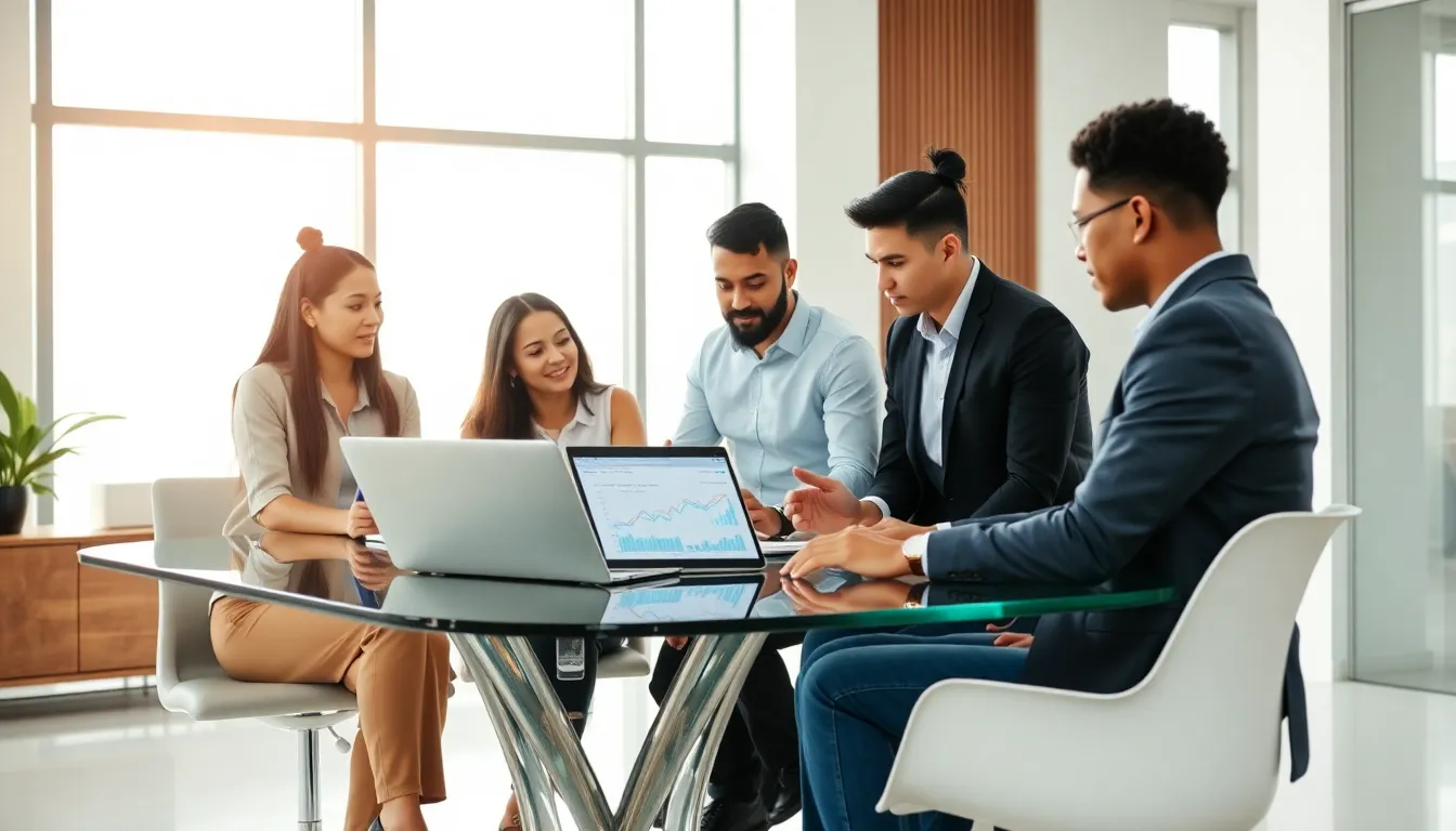 diverse startup team discussing banking options in a modern office.