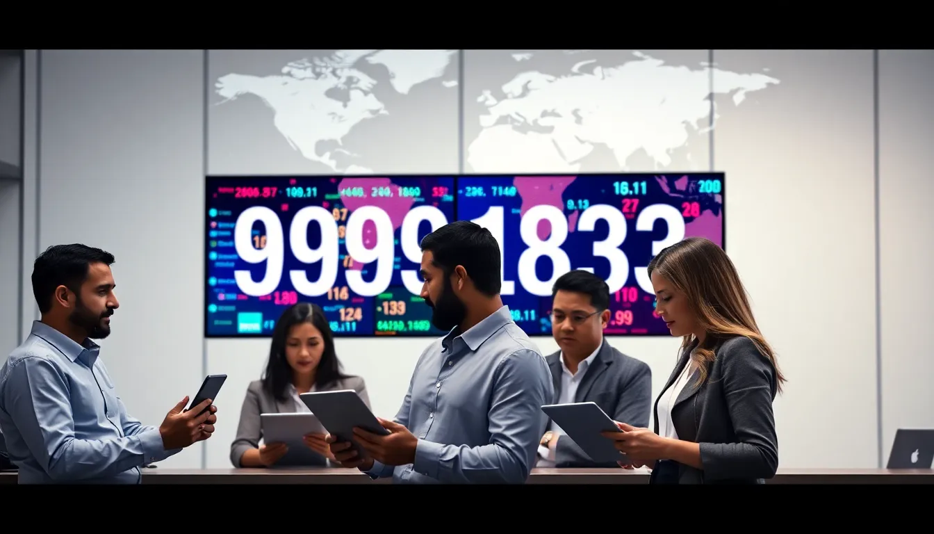 diverse professionals discussing the significance of the number 9099818383 in a modern office.