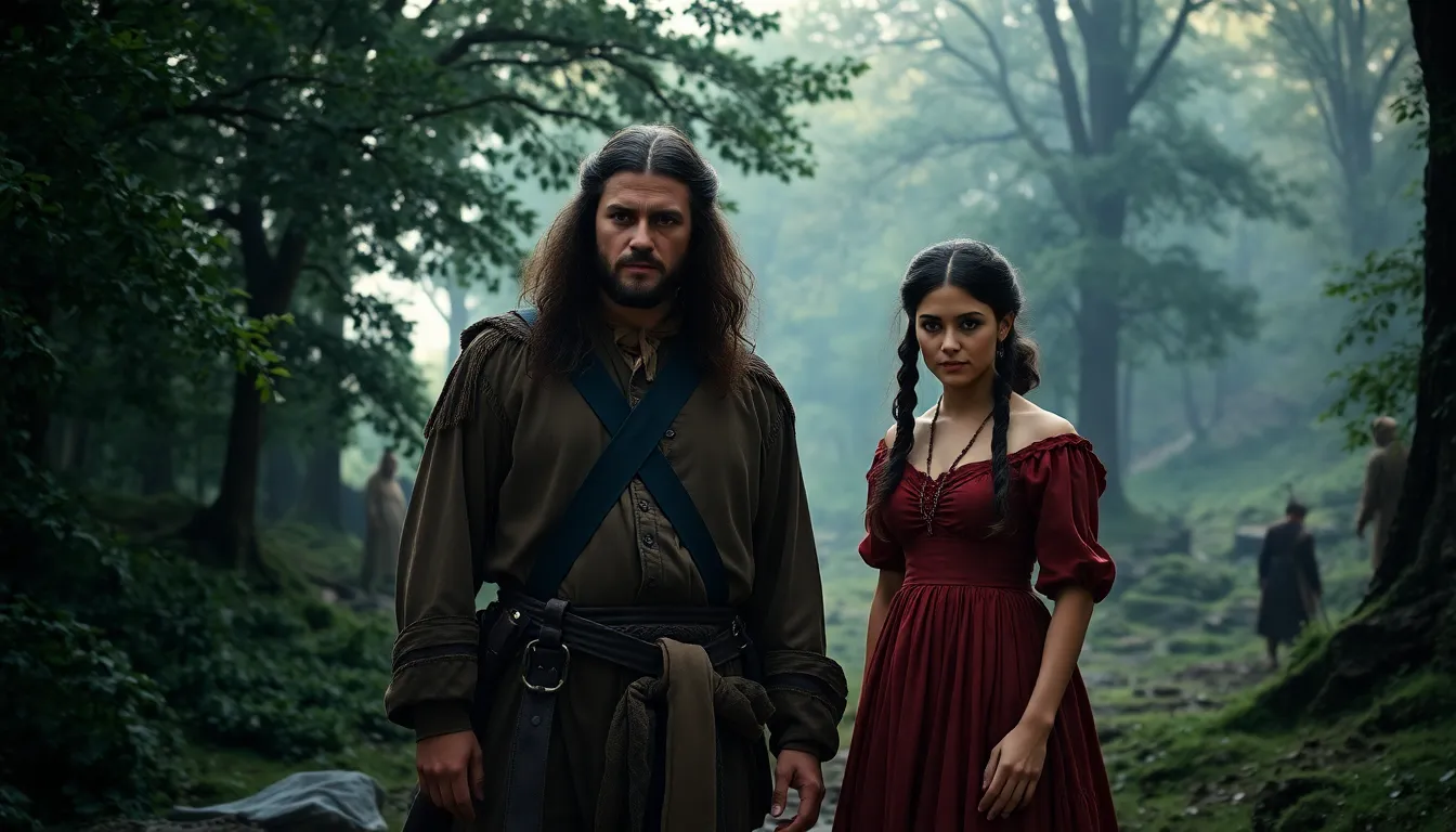 Hawkeye and Cora standing in a dramatic wilderness scene.