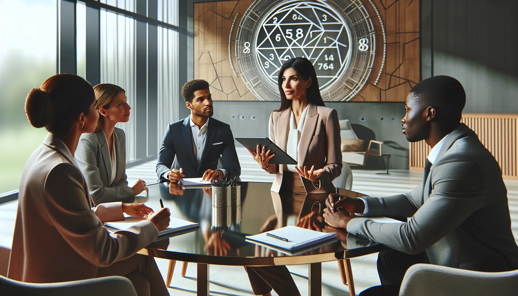 team discussing numerology in a modern office setting.