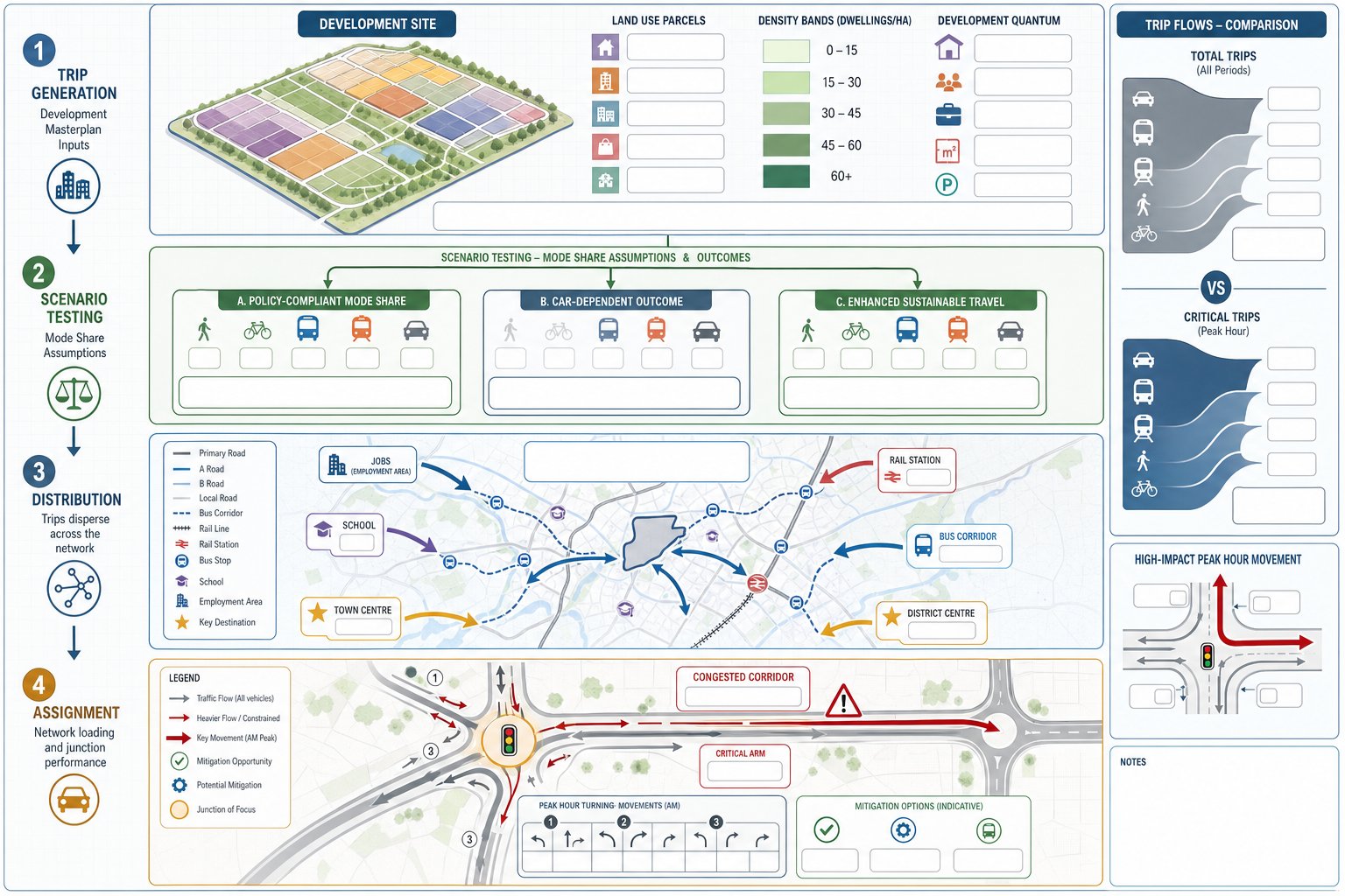 Infographic of masterplan trip generation, scenario testing, and network impact assessment.