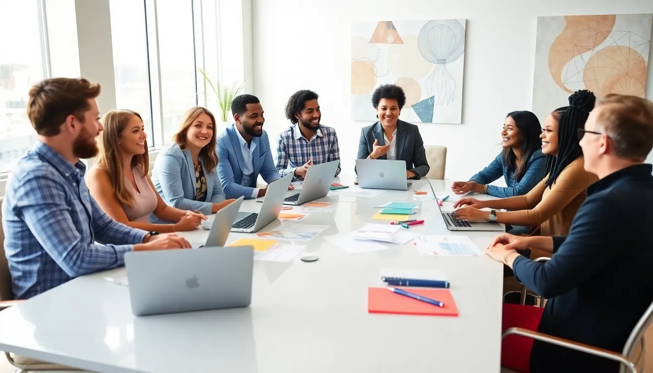 diverse team brainstorming creative event ideas in a modern office.