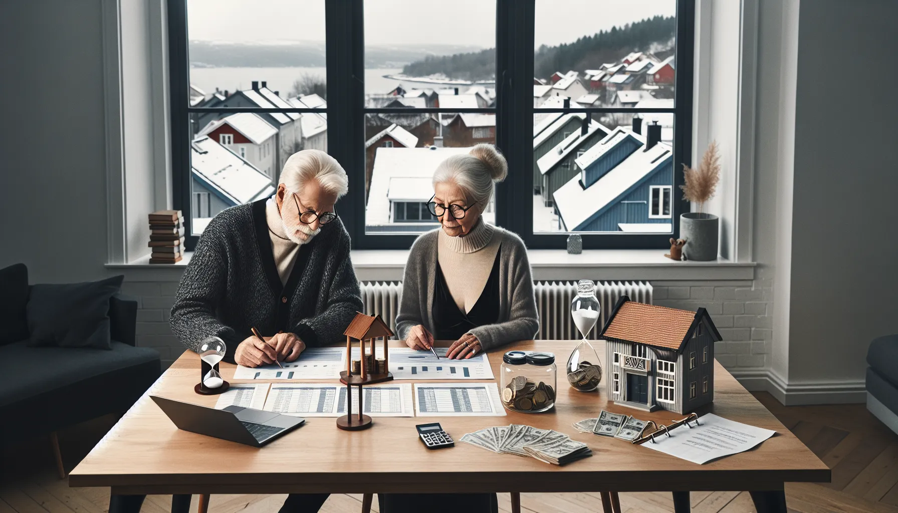 Norwegian retiree reviews property plan with cash-flow chart, buffer jar, hourglass.
