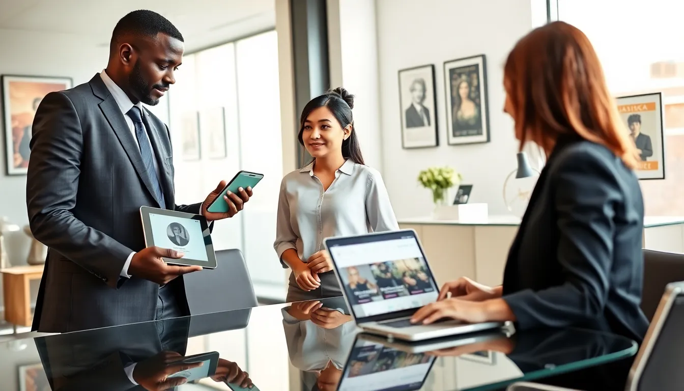 professionals discussing classical music downloads in a modern office.