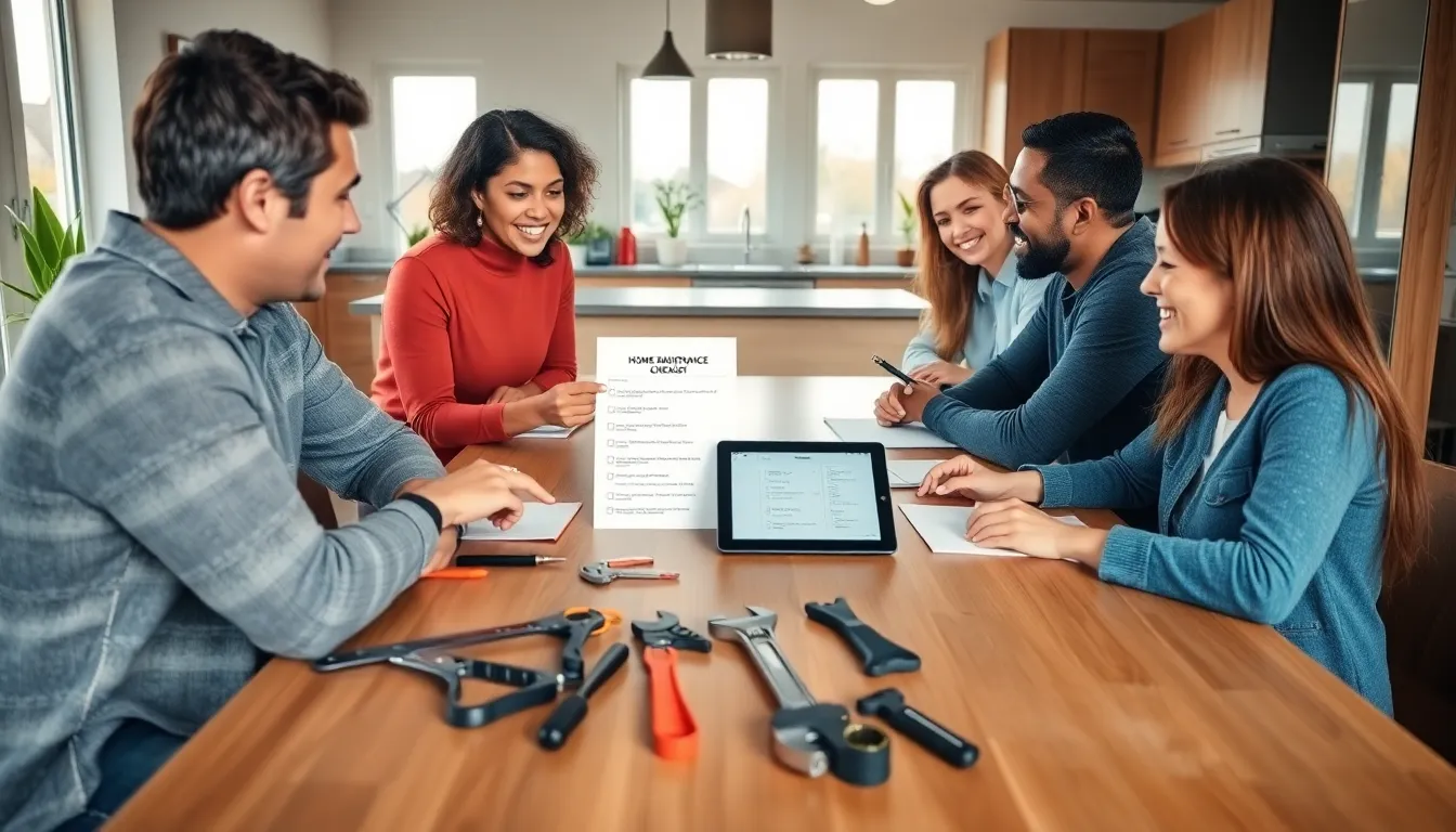 diverse homeowners discussing a home maintenance checklist.