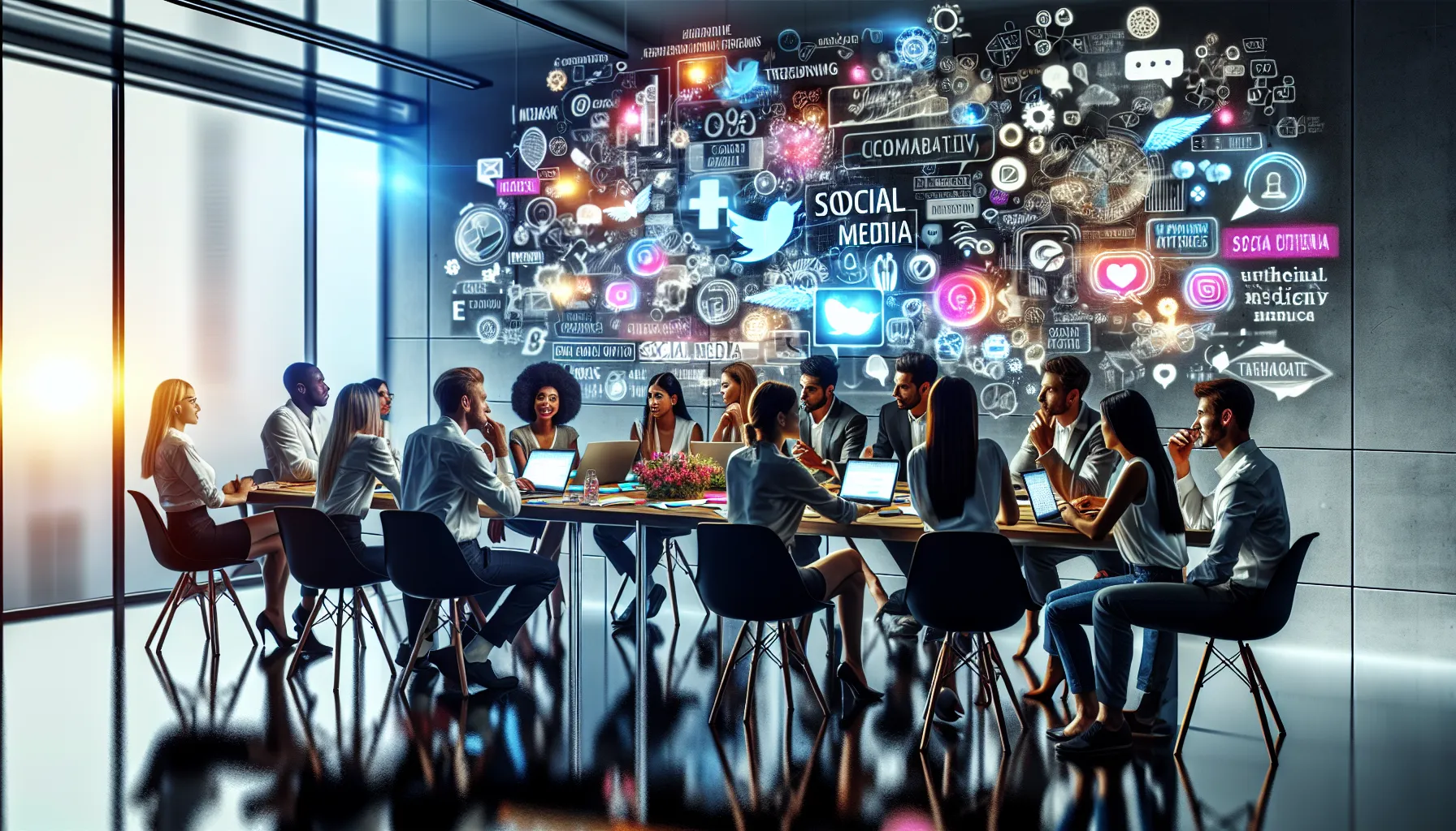 diverse team discussing social media trends in a modern workspace.