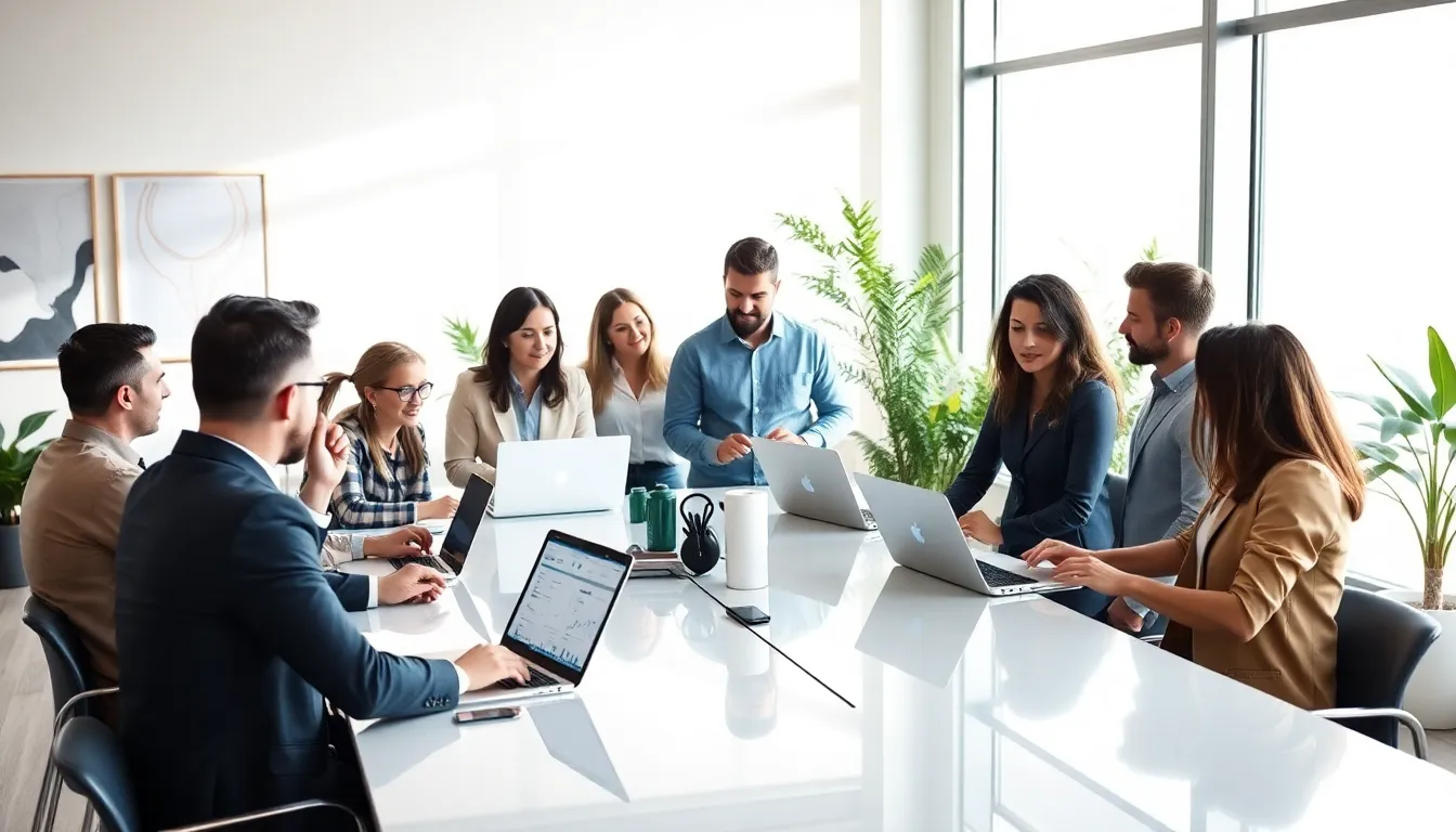 diverse professionals collaborating in a modern office setting.