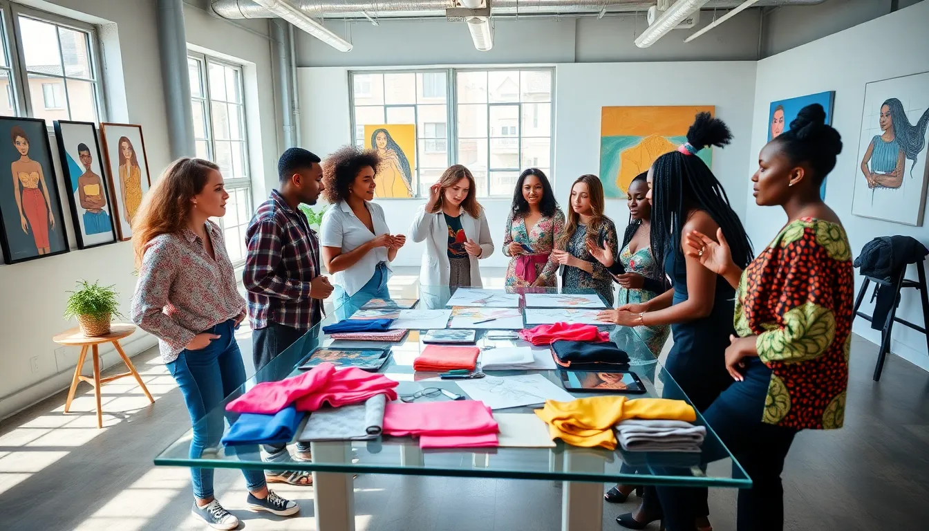 diverse fashion creatives collaborating in a modern workspace.