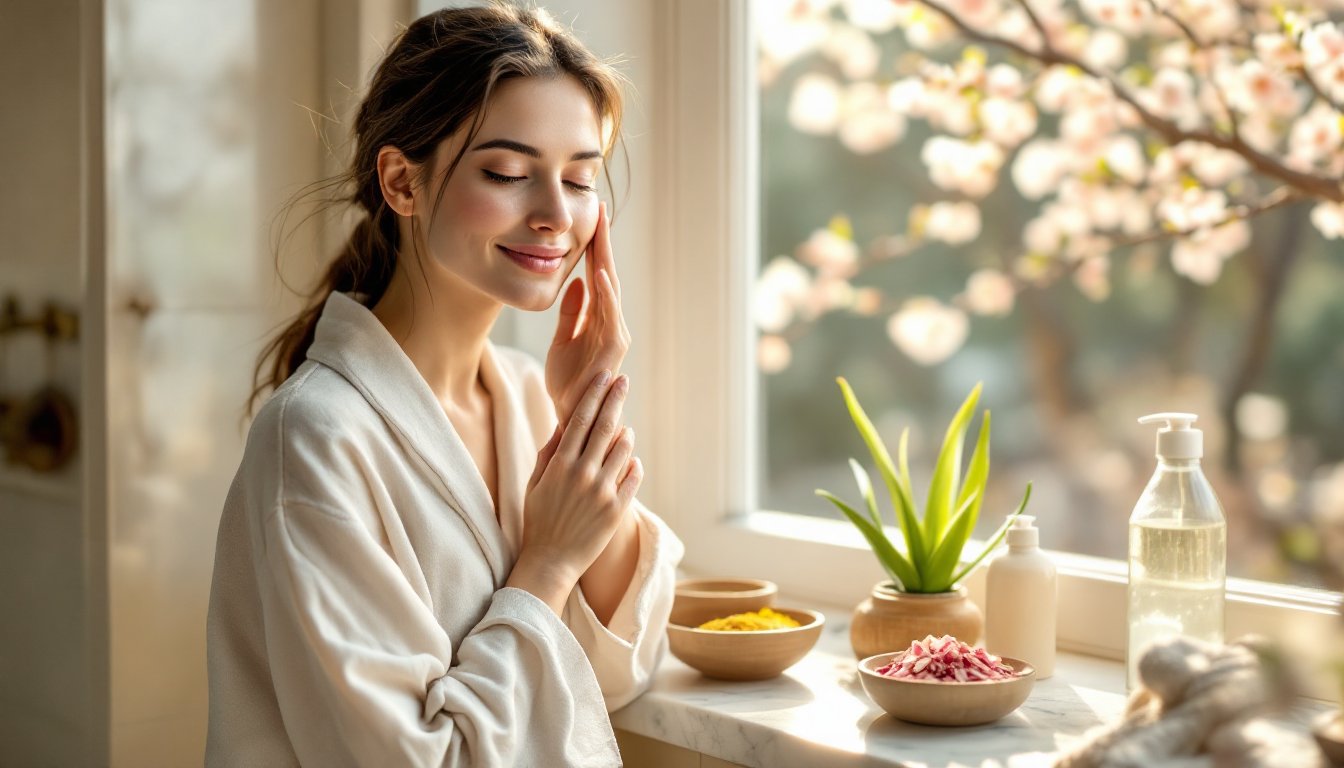 A woman applying chickpea and rose paste to her face by a sunlit spring window.