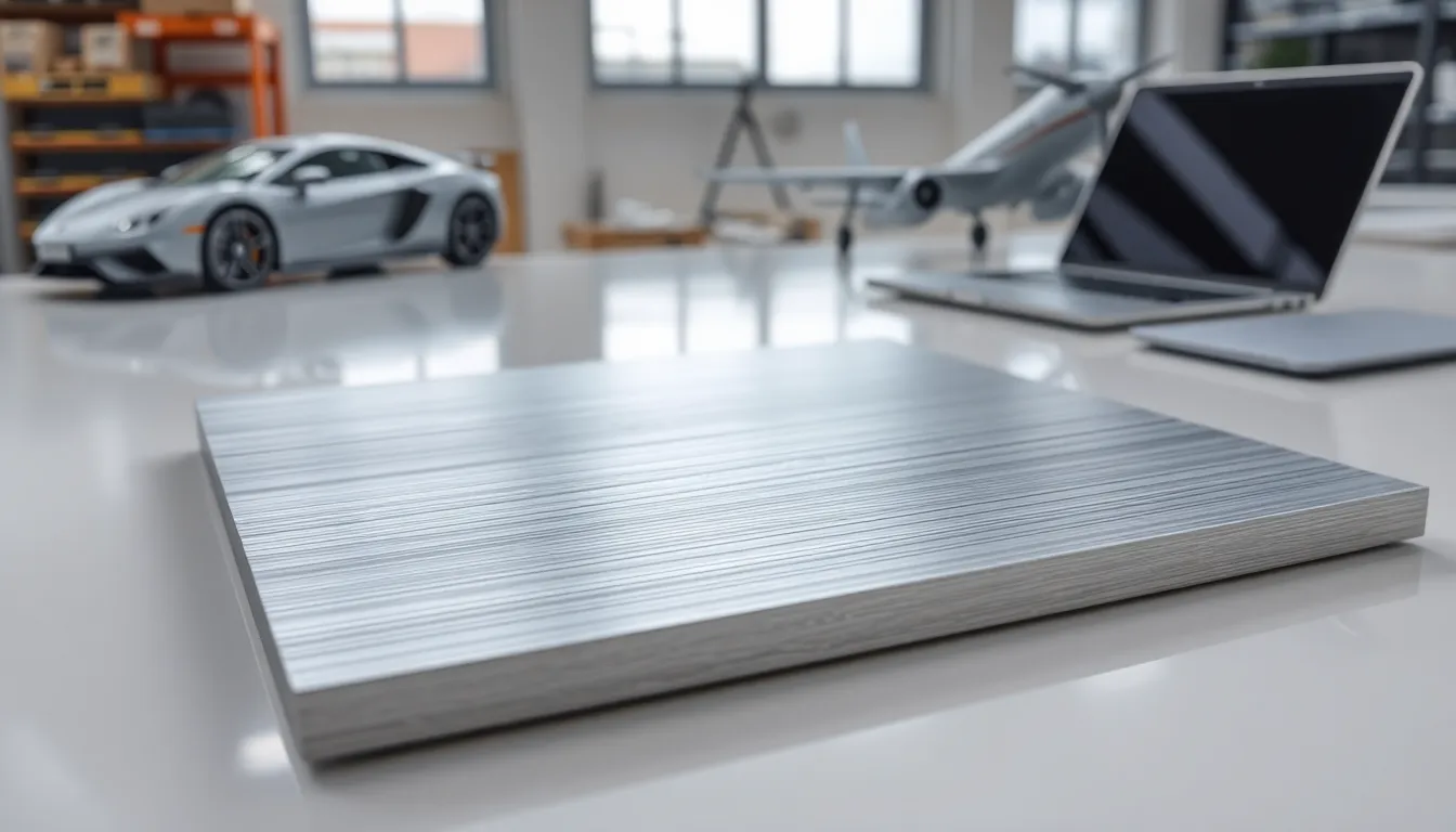 Close-up of brushed aluminum panel with fine parallel lines in a modern setting.