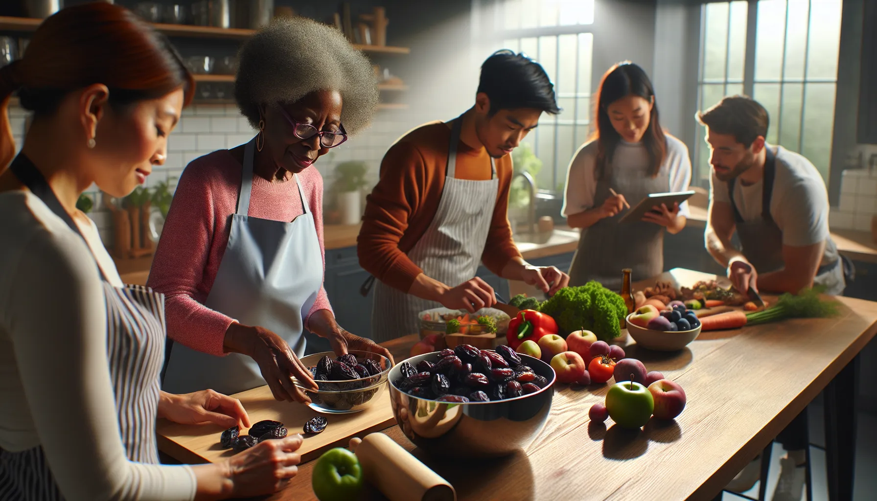 diverse group preparing a meal with prunes in a modern kitchen.