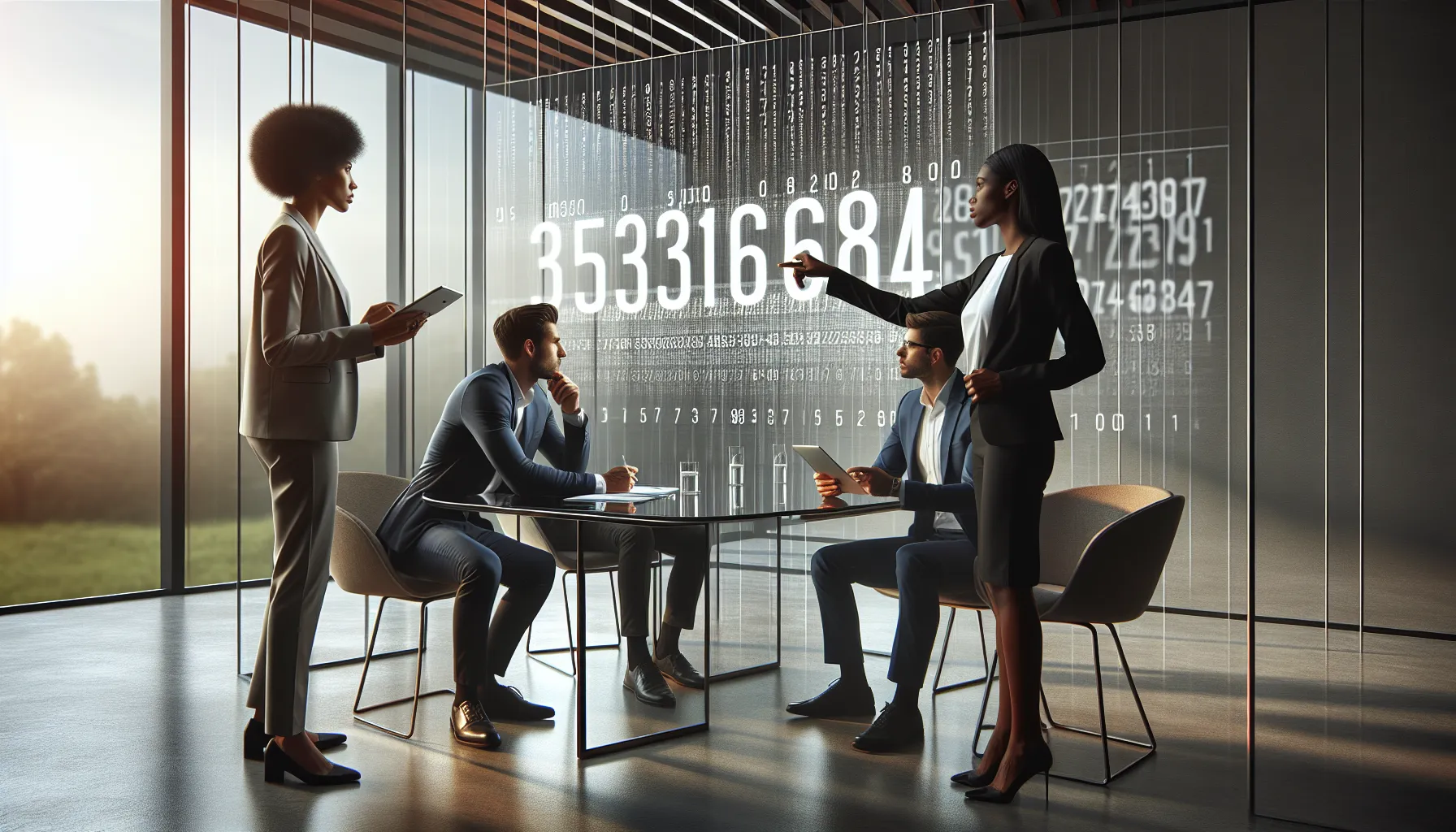 diverse team discussing a numeric sequence in a modern office.