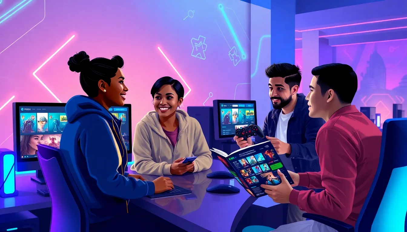 diverse gamers interacting in a modern gaming workspace.