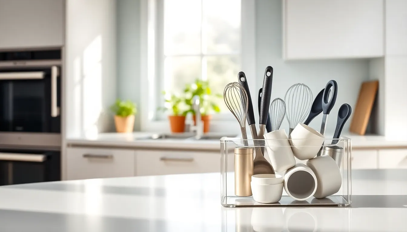organized kitchen countertop with modern gadget organizer.