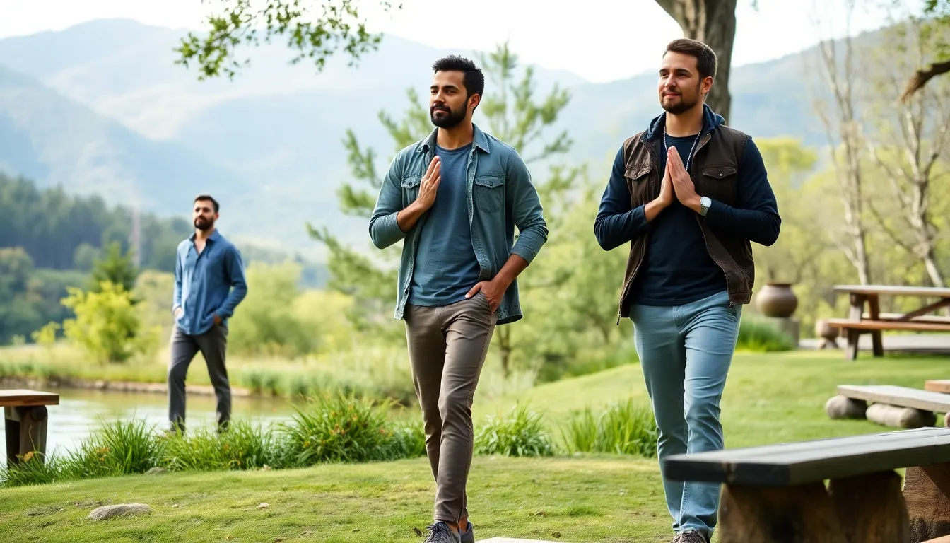 group of men participating in activities at a wellness retreat.
