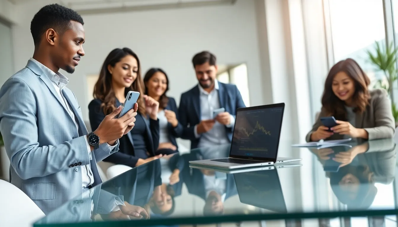 professionals using mobile check cashing apps in a modern office setting.