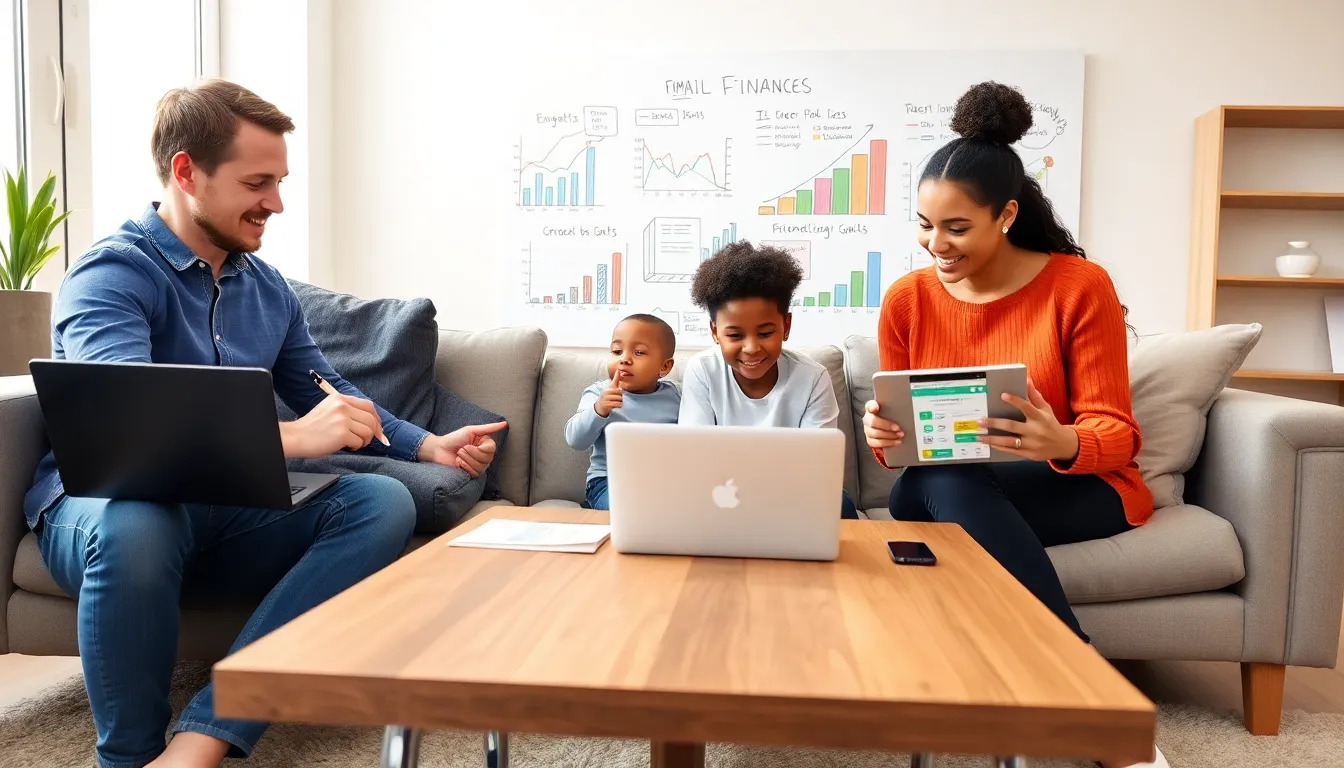 family discussing finances in a modern living room.
