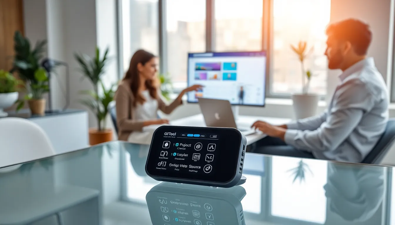 G15tool on a sleek desk with professionals discussing digital tasks.