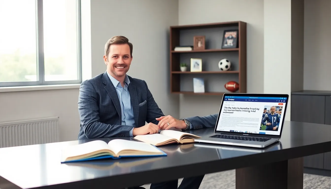 sports journalist David Jones at a modern office desk.