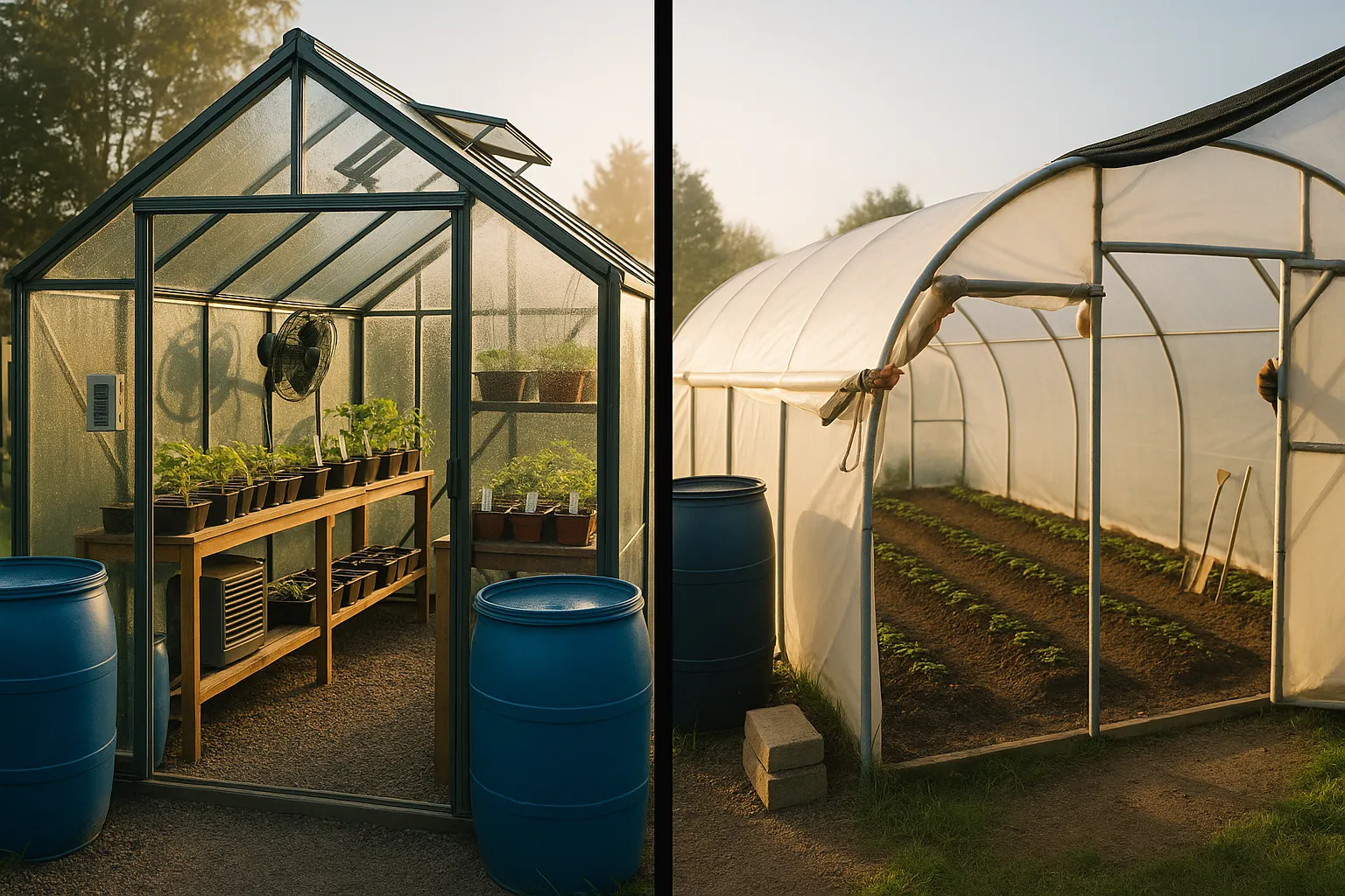 Side-by-side greenhouse and polytunnel interiors showing different light and ventilation.