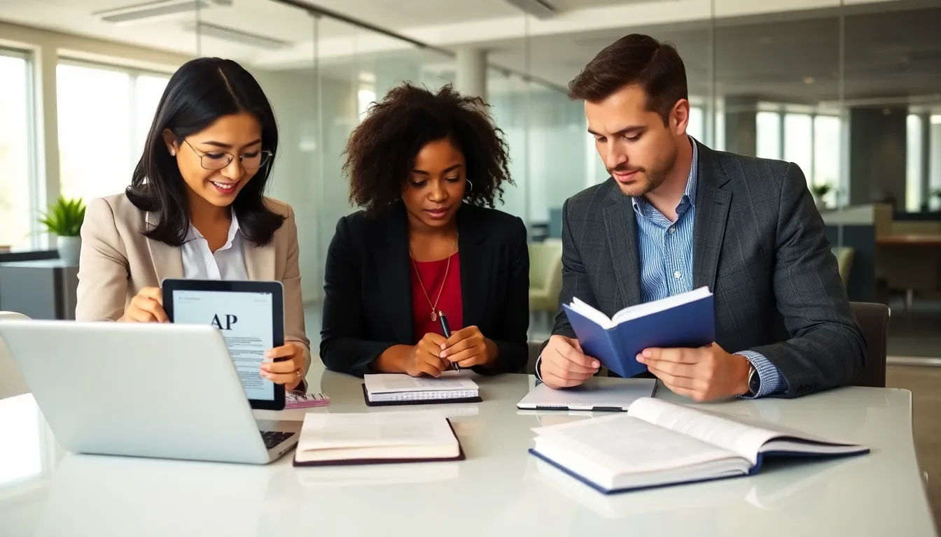 diverse professionals collaborating on AP writing guidelines in a modern office.