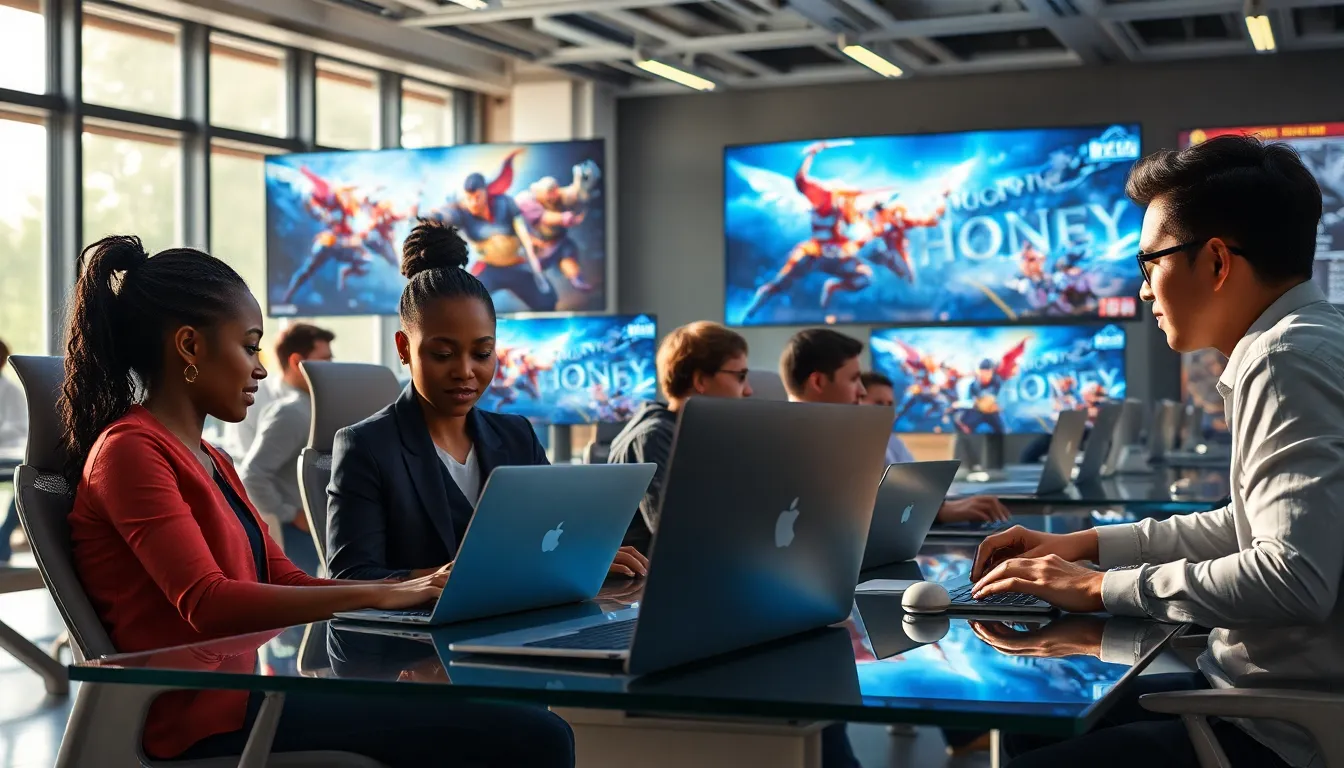 diverse team strategizing in a modern gaming workspace.