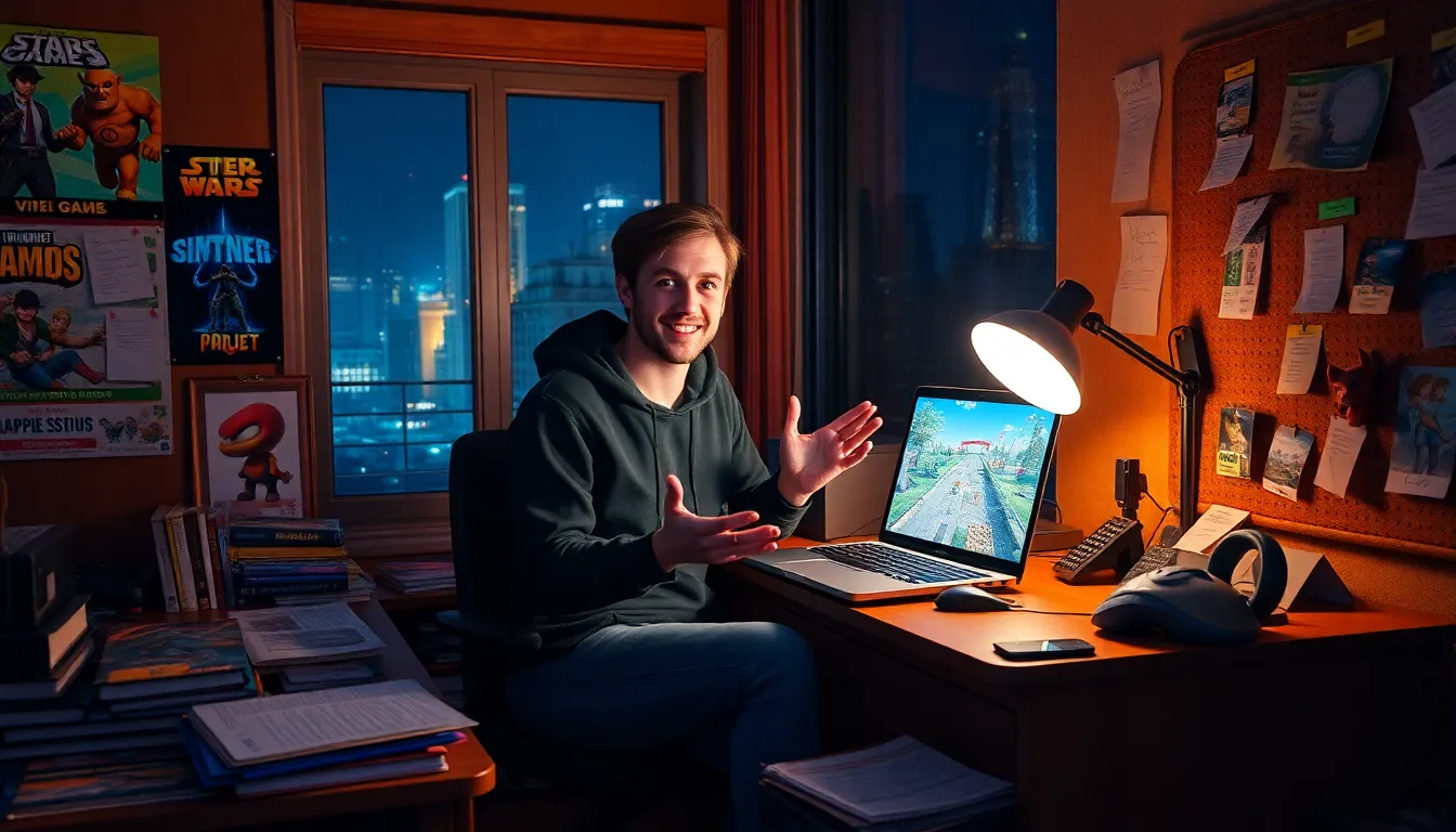 a gamer in a creative workspace, surrounded by game design elements at night.
