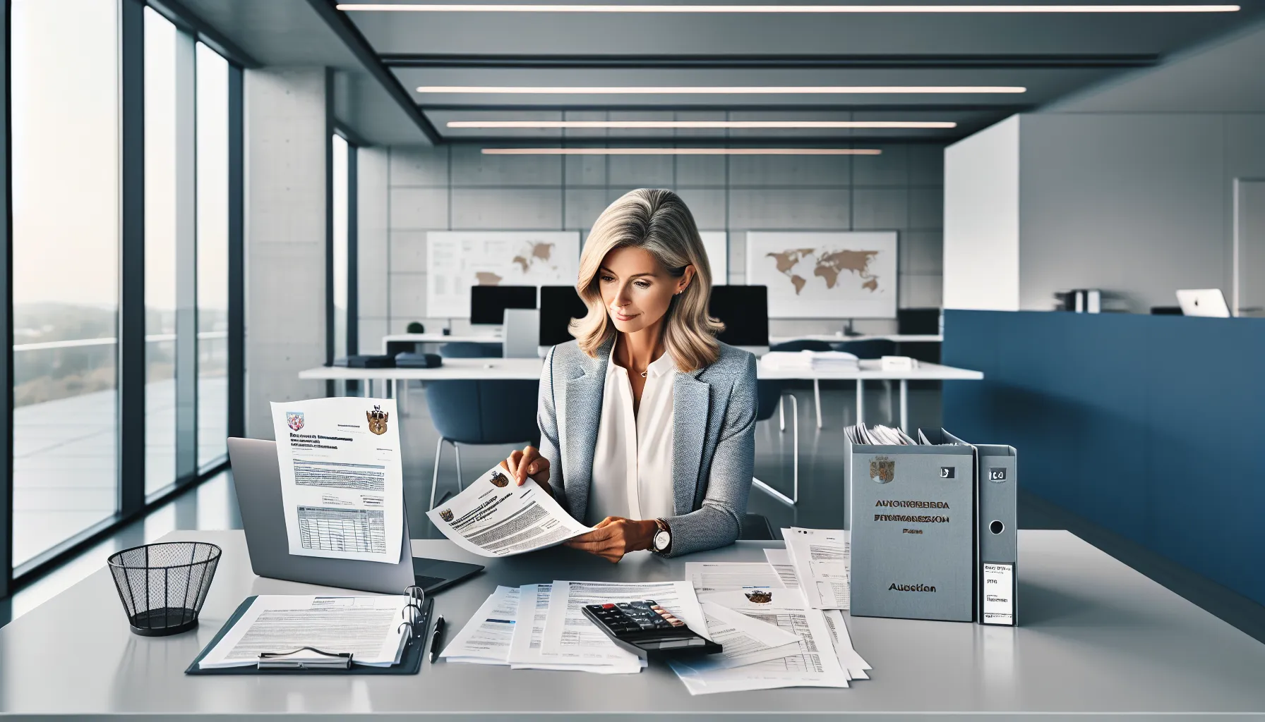 Professional woman reviewing Austrian pension documents at modern office desk
