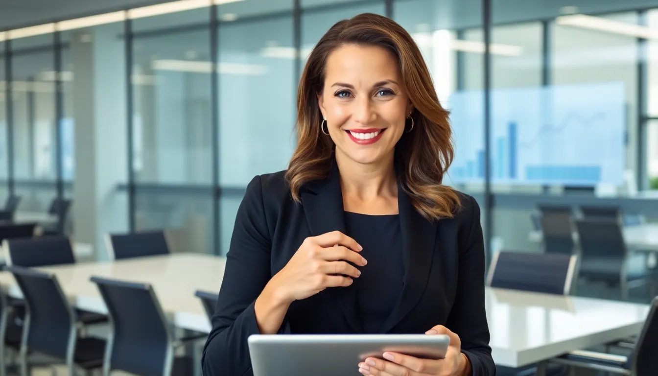 Stacy Klinger in a modern office setting with a digital device.