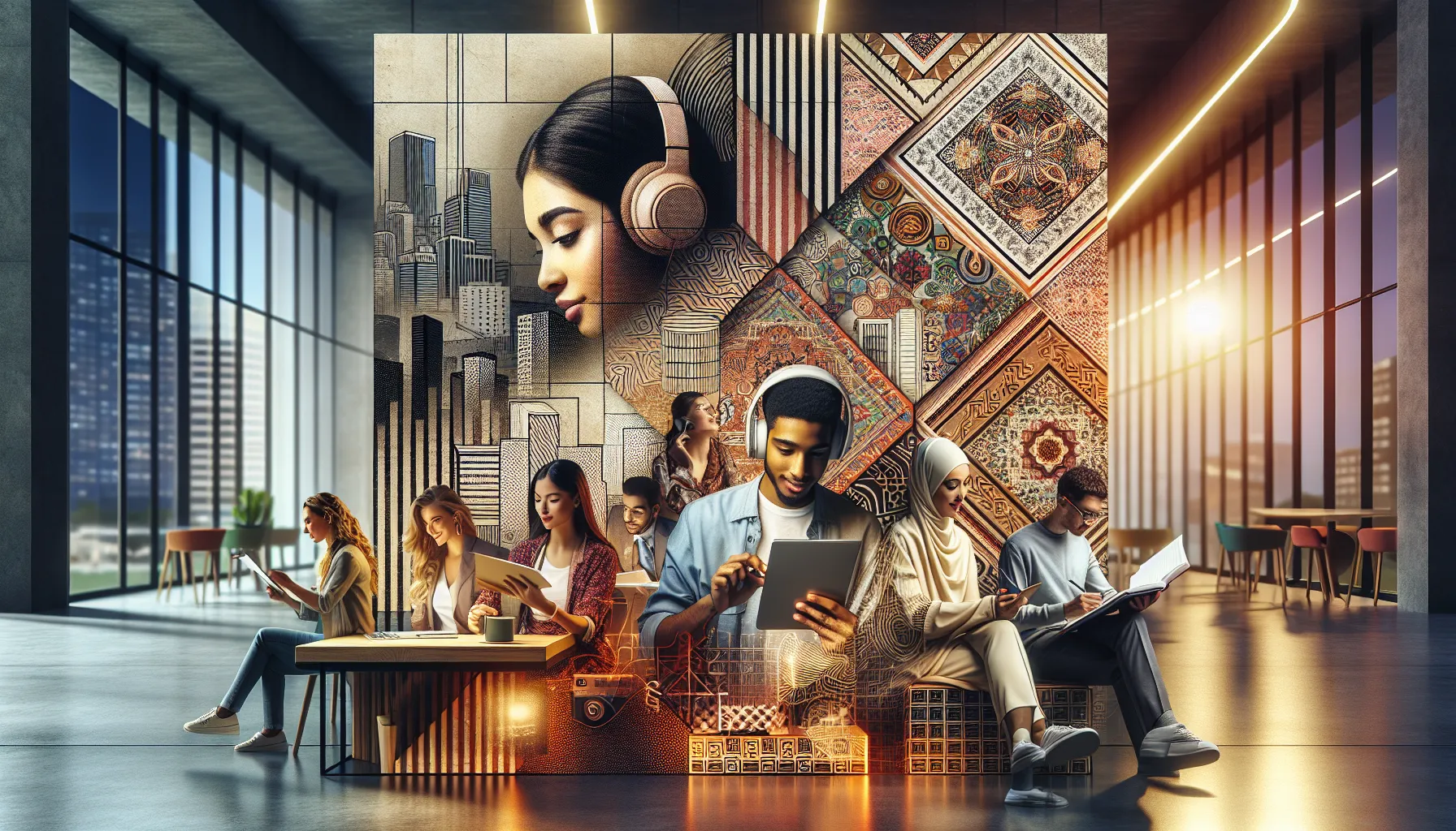 diverse professionals collaborating on content at a modern workspace.