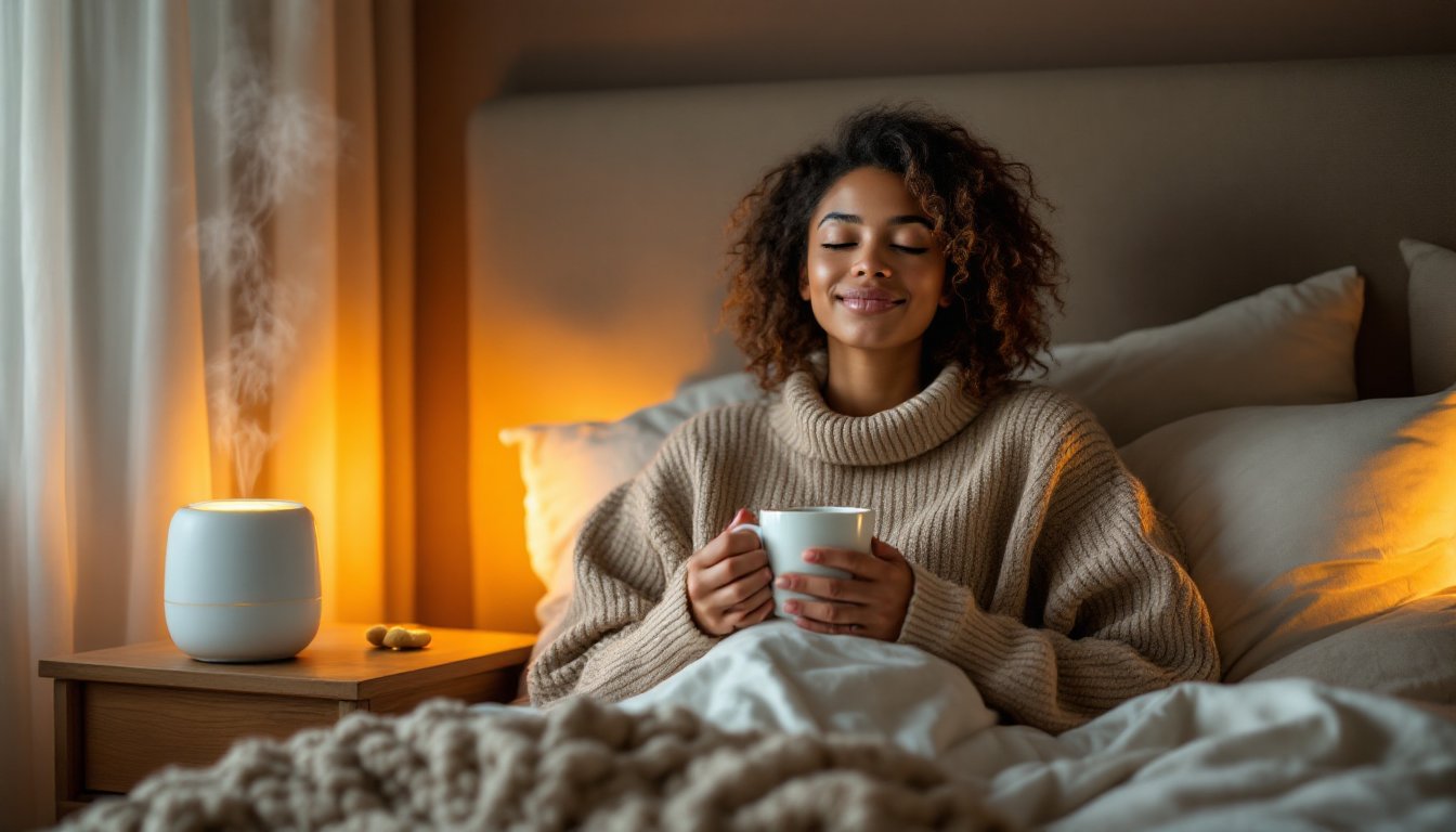 Woman resting in bed sipping warm ginger water beside a humidifier.