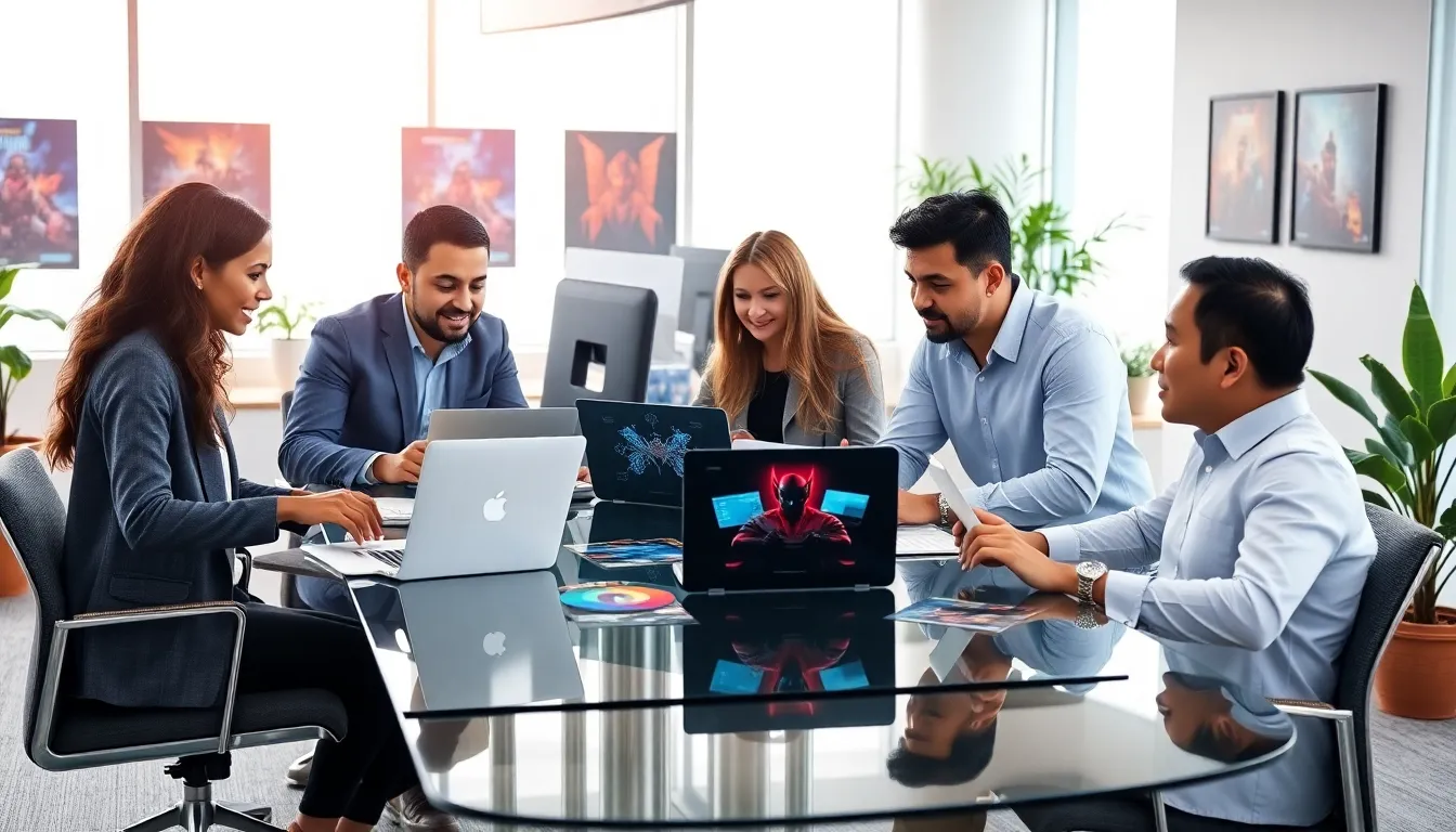 diverse team collaborating in a modern office for game development.