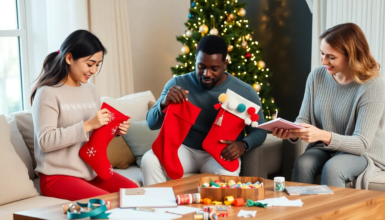 diverse group decorating Christmas stockings in a cozy living room.