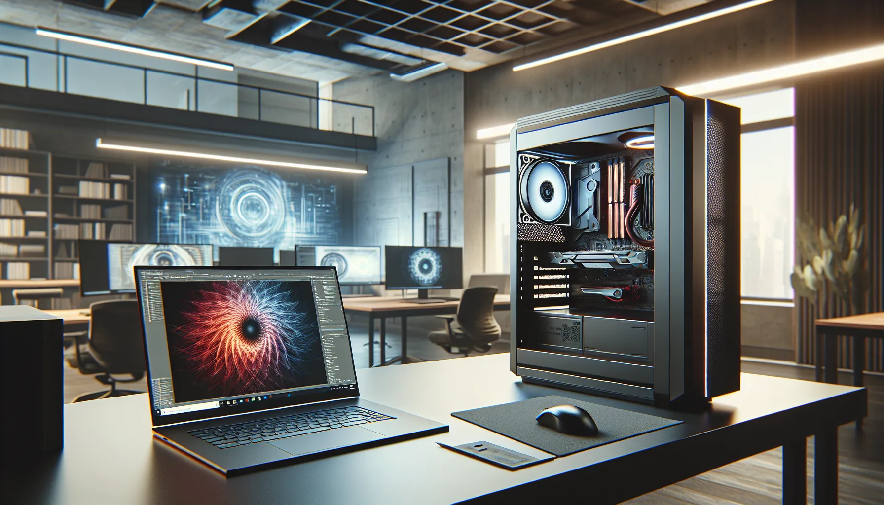 A MacBook and a PC showcasing their respective software environments in an office.