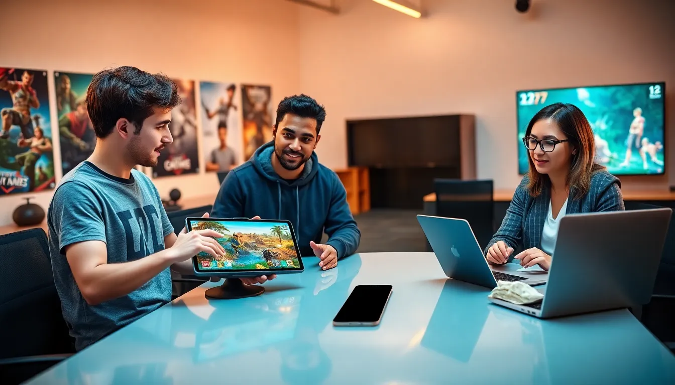 game developers collaborating in a creative office environment.
