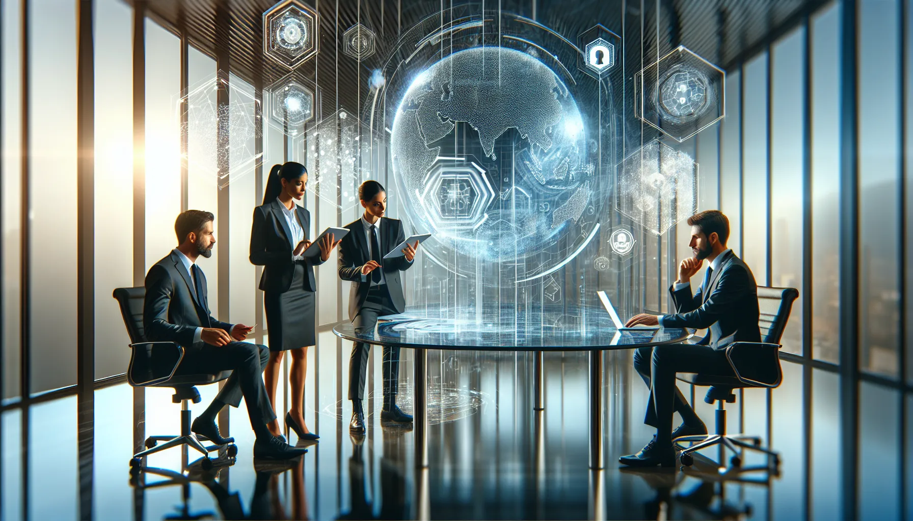 diverse cybersecurity team collaborating in a modern office.