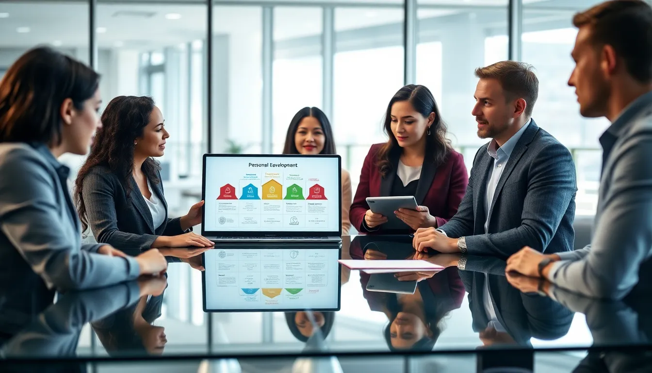 diverse team discussing personal development plans in a modern office.