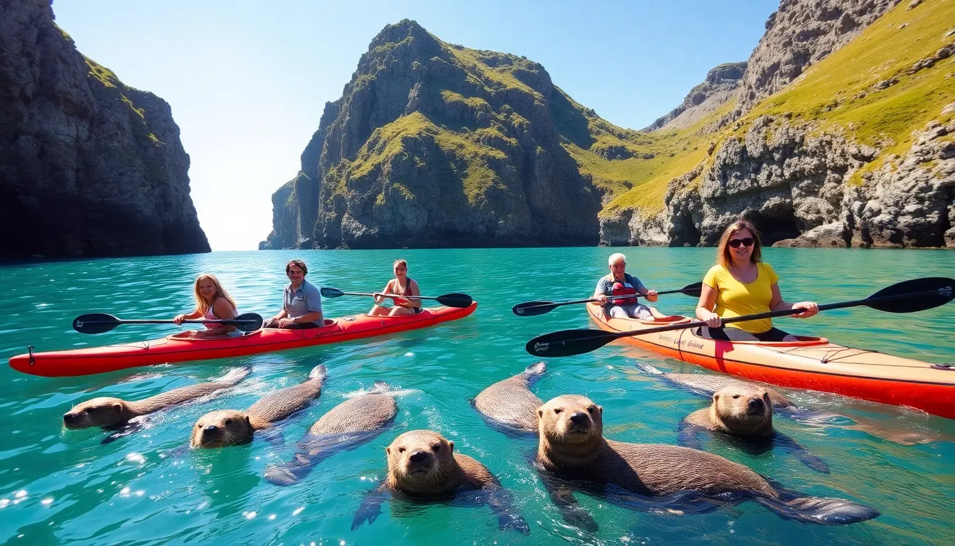 diverse group kayaking in California's coastal landscape with sea otters.