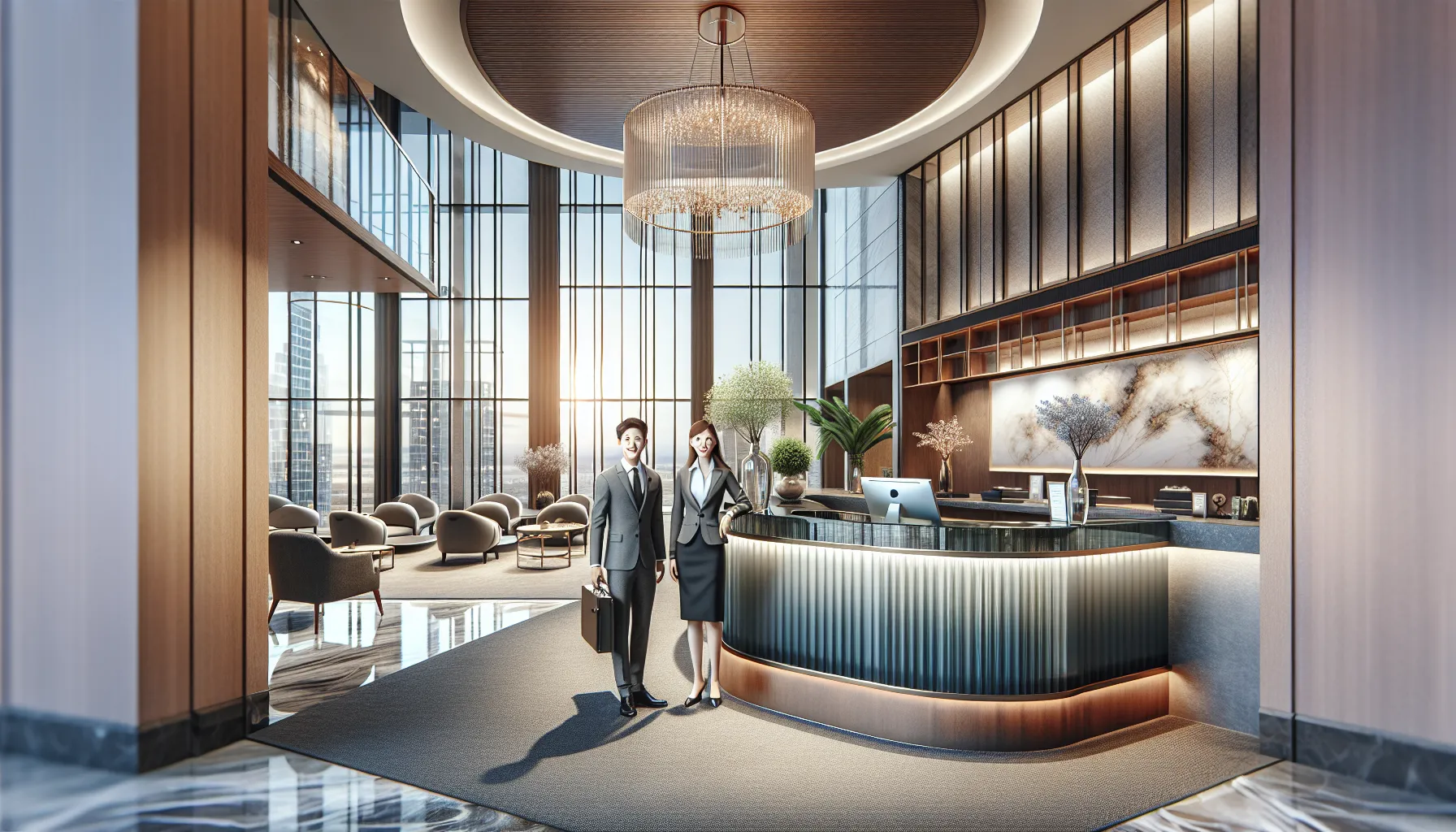 luxurious hotel lobby with professional staff and city view.