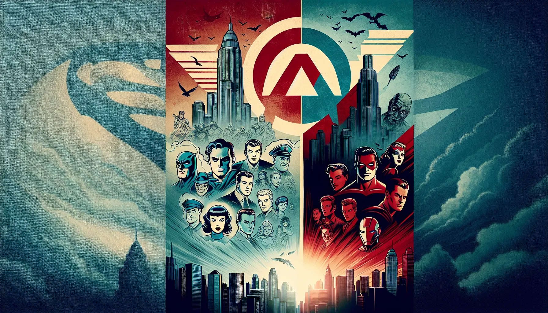 A comparative depiction of DC and Marvel comic themes and symbols.