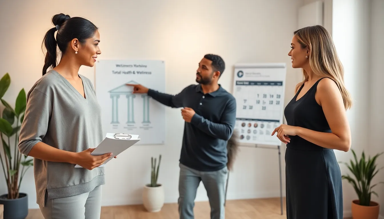 diverse professionals discussing total health and wellness in a serene environment.