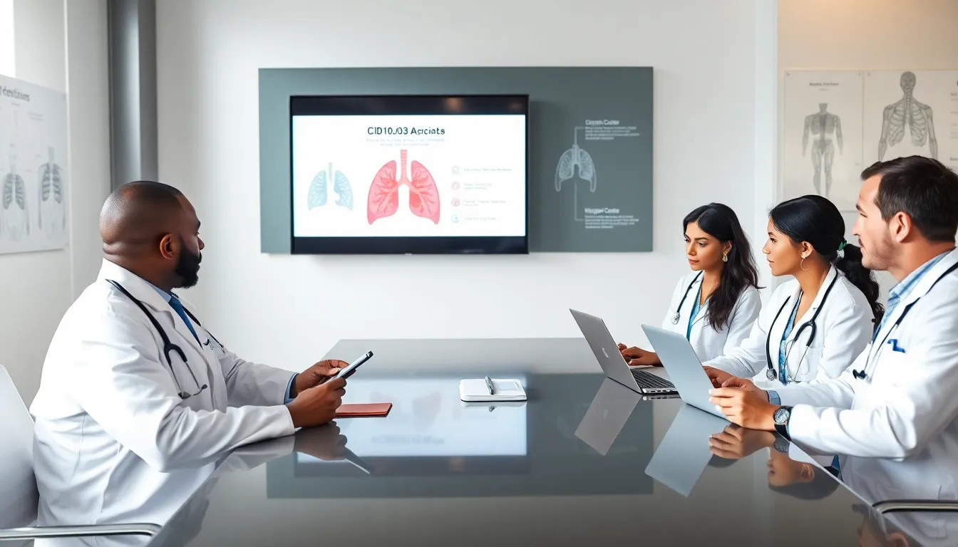 healthcare professionals discussing a medical coding topic in a modern office.
