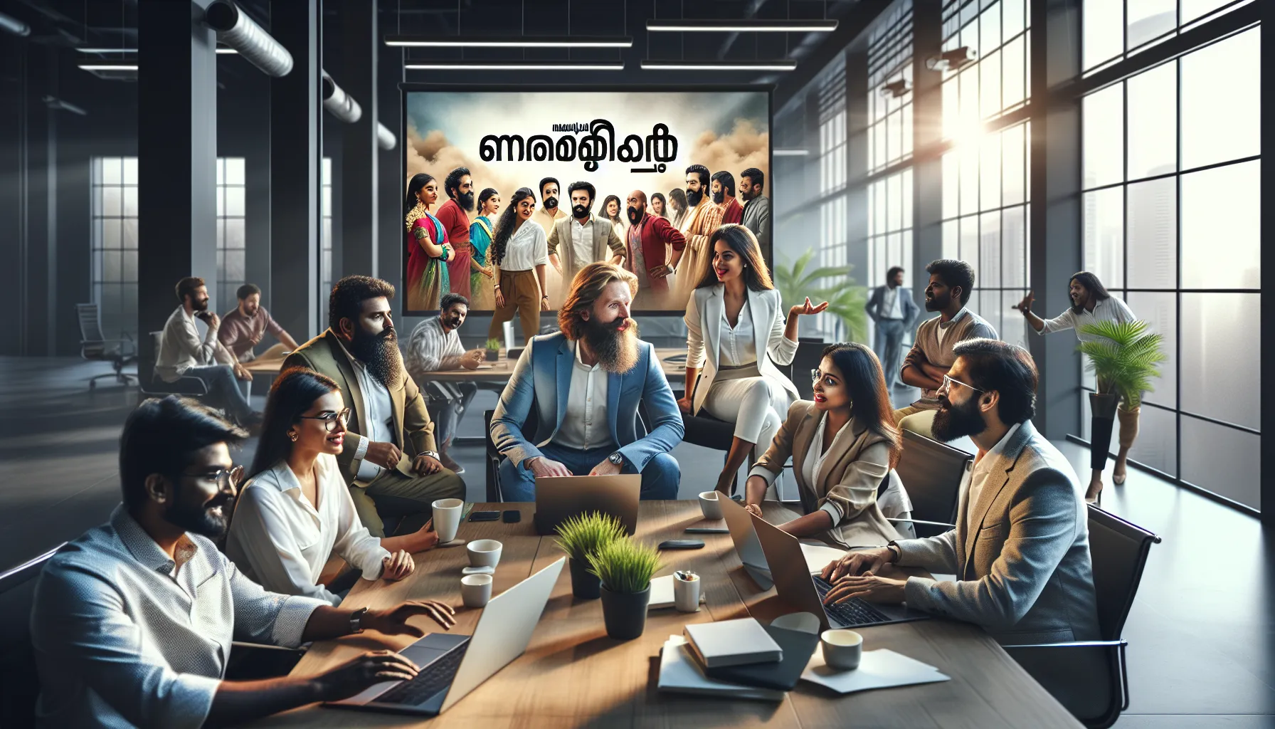 diverse team discussing the Malayalam serial Kuthira in a modern office.