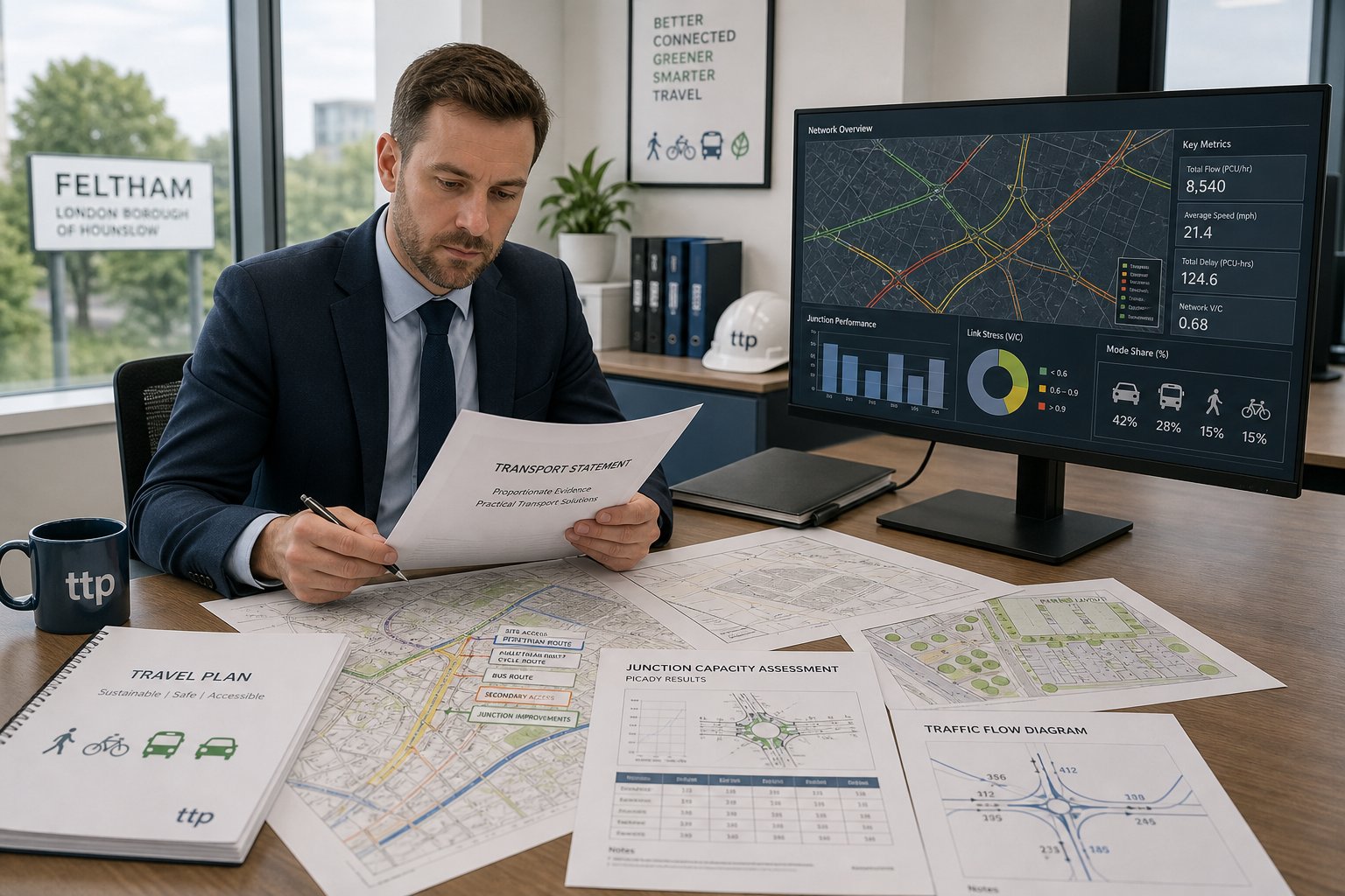 Traffic engineer reviewing transport planning reports in a modern UK office.