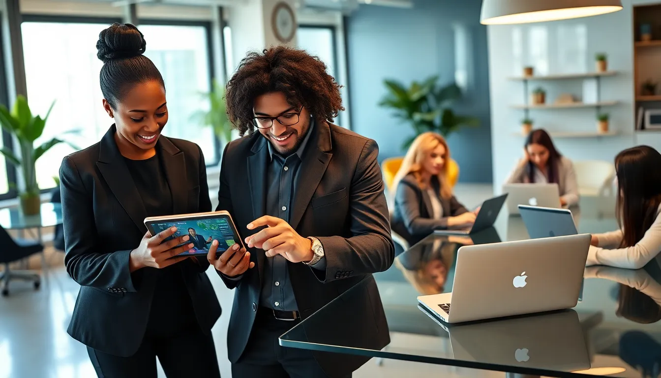 diverse professionals collaborating on the Eve2876 app in a modern office.