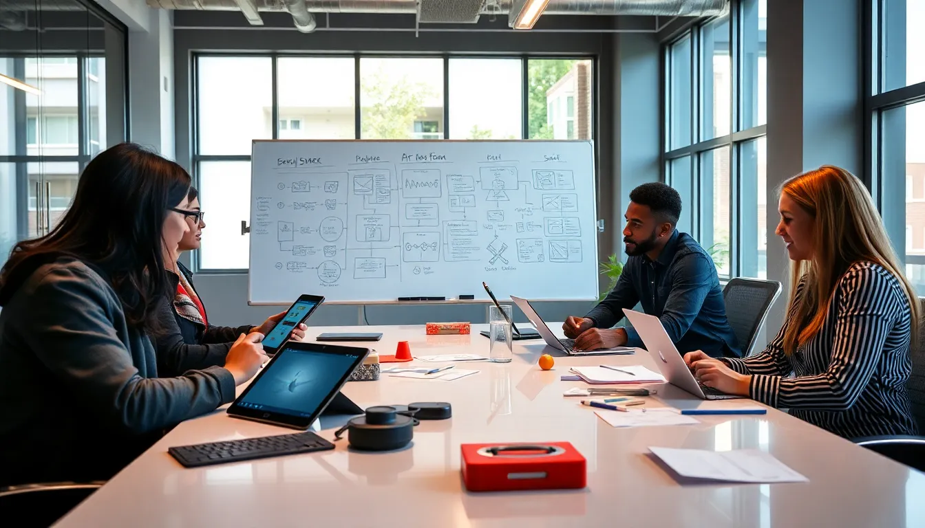 diverse team collaborating in a modern game development studio.