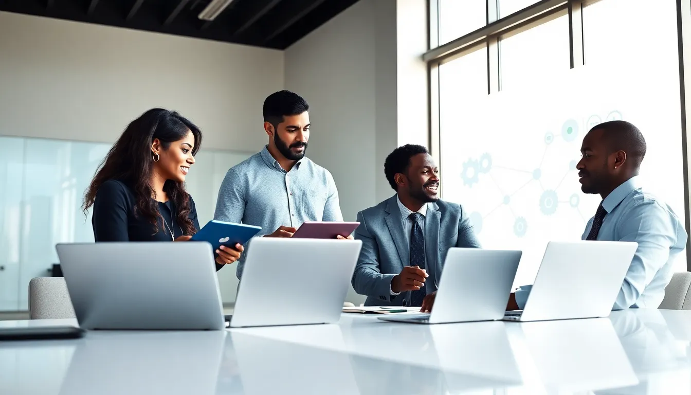 diverse team collaborating on digital process automation tools in an office.