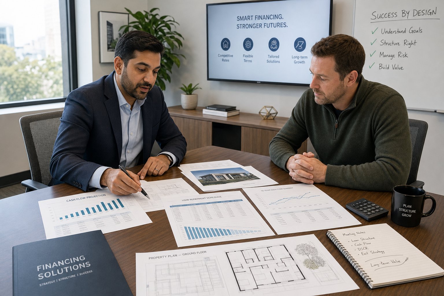 Finance professional discussing mortgage structure and cash-flow planning with a business owner.