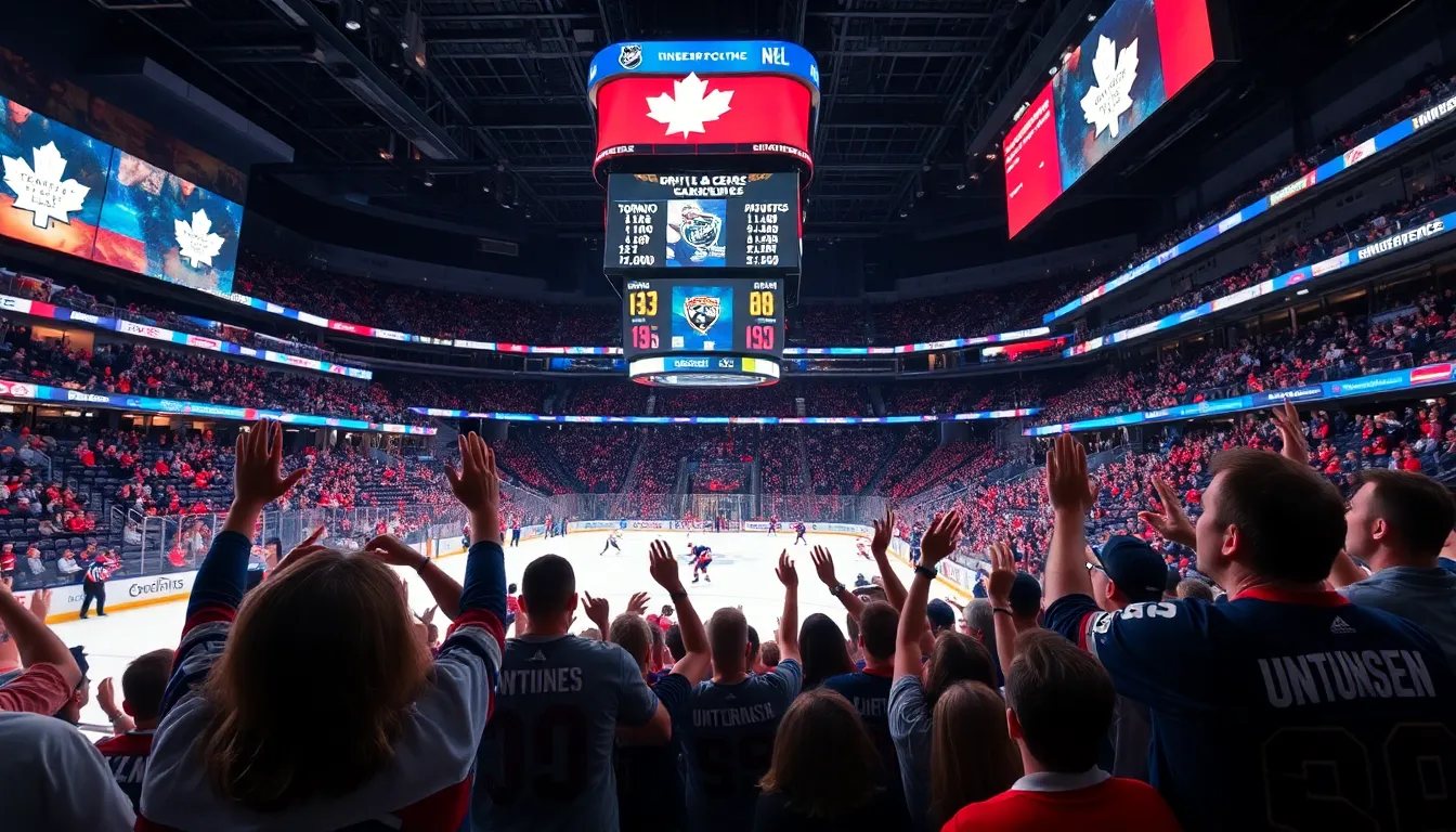 enthusiastic fans at an NHL game with teams competing on the ice.